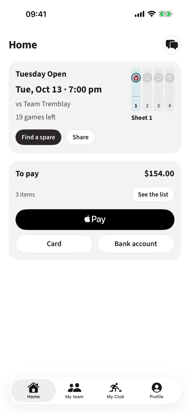 The Eight Ends app on an iPhone: the next game, its sheet, and what is left to pay.